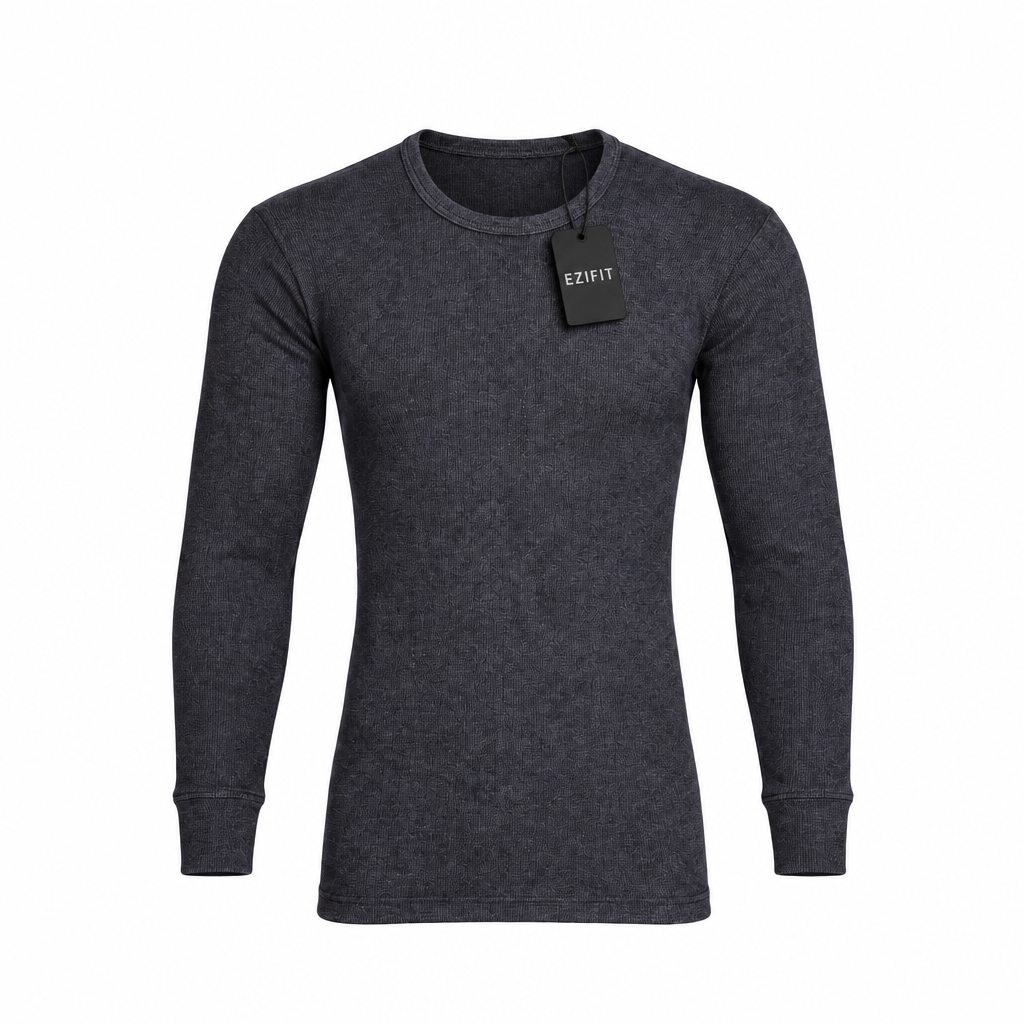 Charcoal thermal top with Ezifit hangtag on white