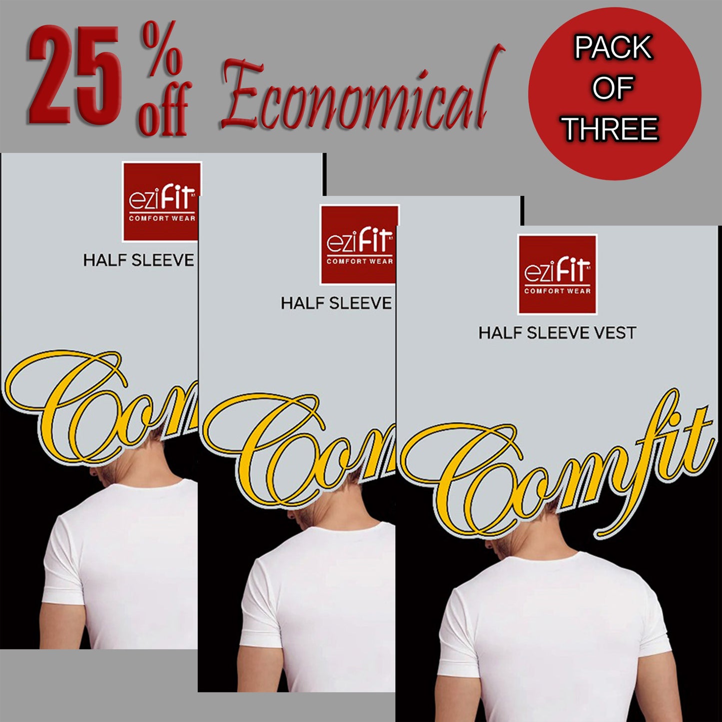 EziFit Comfit Cotton U-Neck Short Sleeve Vest For Men (Pack of 3)