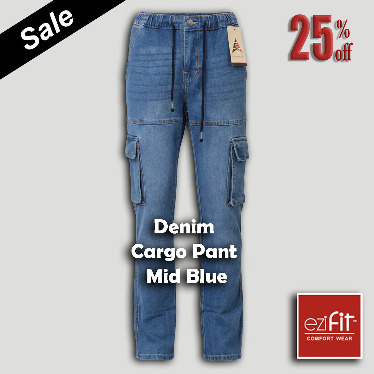 Men Denim Cargo Pant Mid Blue