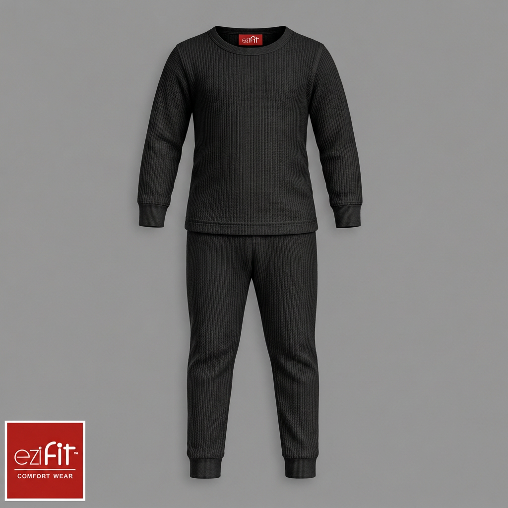 Black thermal suit with the original logo, neck tag, and grey background