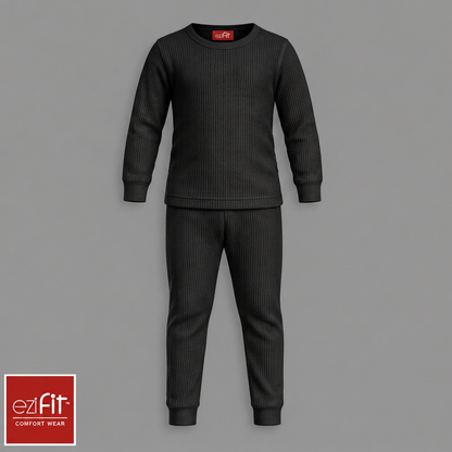 Black thermal suit with the original logo, neck tag, and grey background