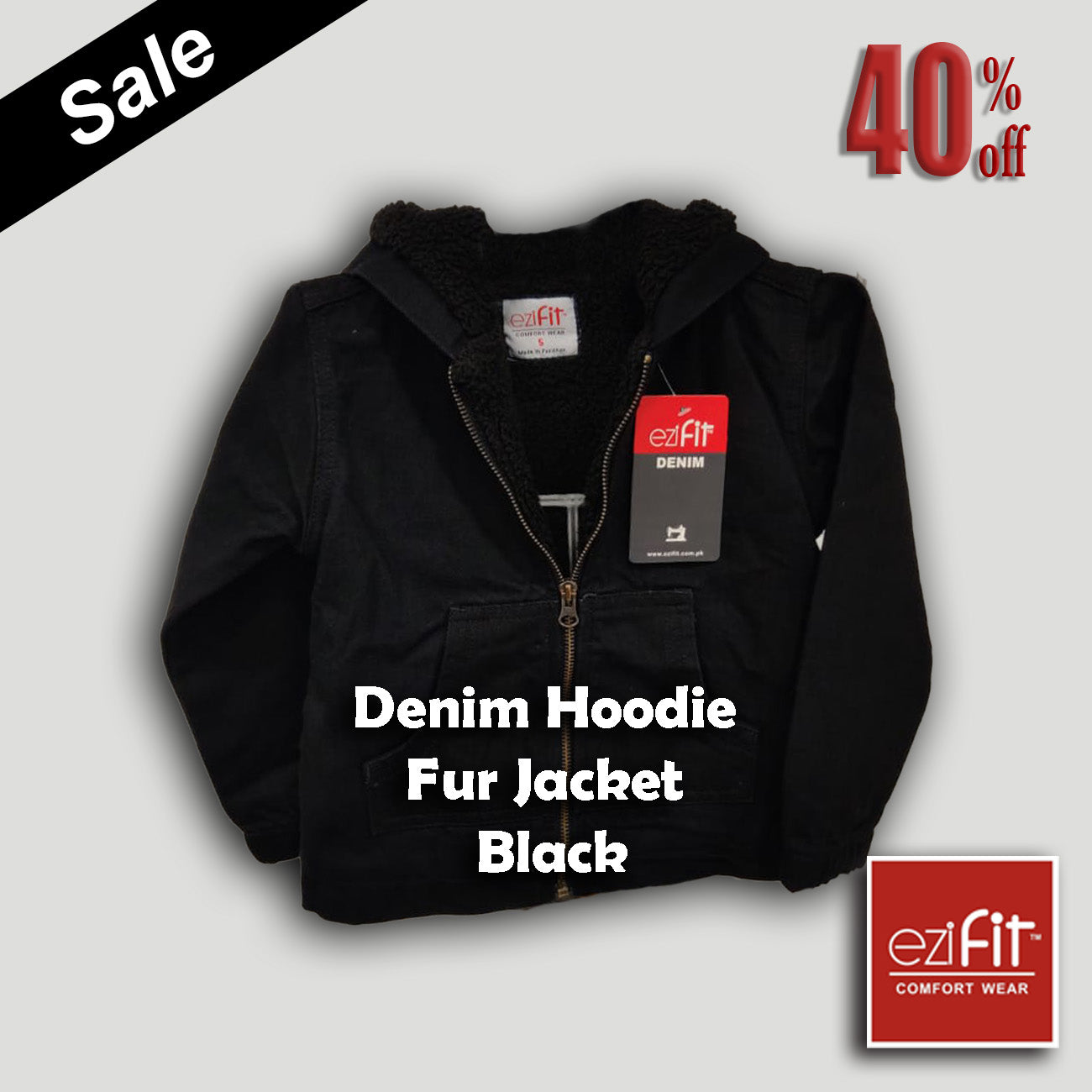 Denim Hoodies fur jacket - Black for boys 2 - 11 year