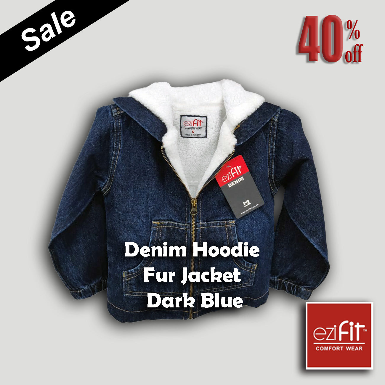 Denim Hoodies fur jacket - Dark blue for boys 2 - 11 year