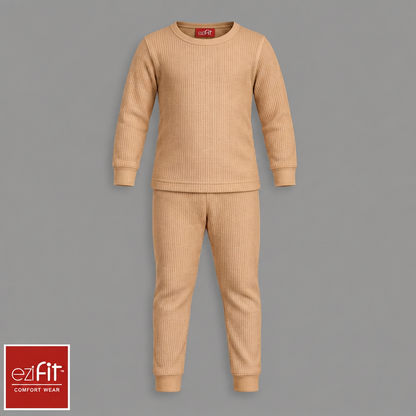 Dark skin-tone tan thermal suit with original branding and grey background