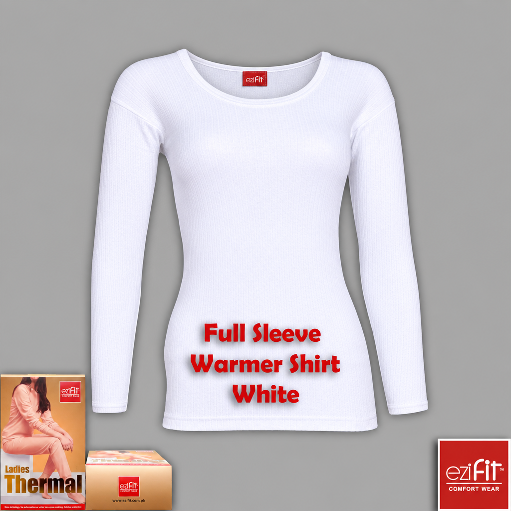 Women’s white Ezifit warmer web image with clothing tag